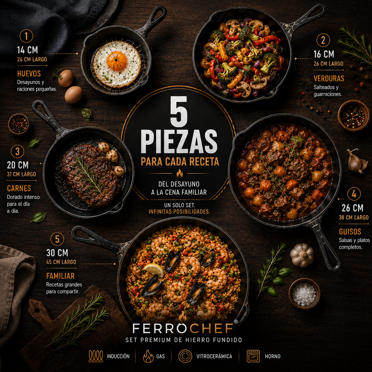Set 5 Sartenes de Hierro Fundido FerroChef® — Cocina Sana de Por Vida