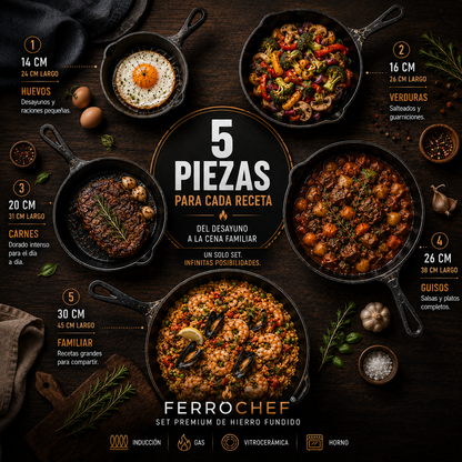 Set 5 Sartenes de Hierro Fundido FerroChef® — Cocina Sana de Por Vida