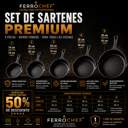 Set 5 Sartenes de Hierro Fundido FerroChef® — Cocina Sana de Por Vida