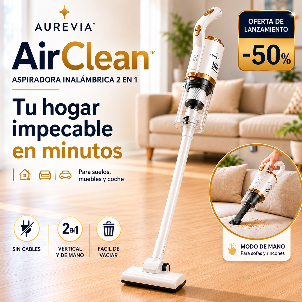 Aurevia AirClean™ | Aspiradora Inalámbrica 2 en 1