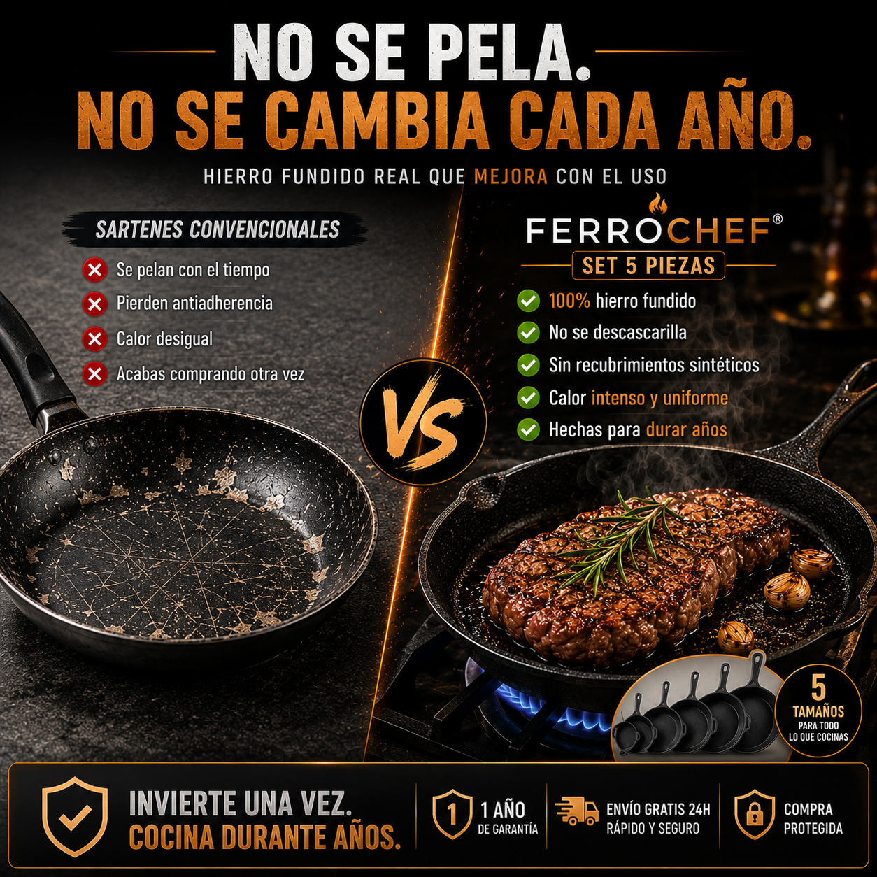 Set 5 Sartenes de Hierro Fundido FerroChef® — Cocina Sana de Por Vida