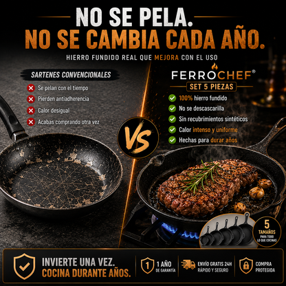 Set 5 Sartenes de Hierro Fundido FerroChef® — Cocina Sana de Por Vida